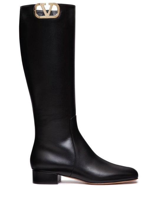 Black Leather Vlogo Knee High Boots