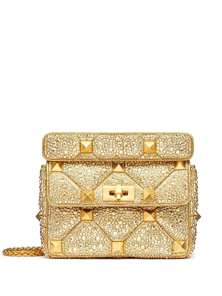 Gold Tone Medium Roman Stud Rhinestone Shoulder Bag