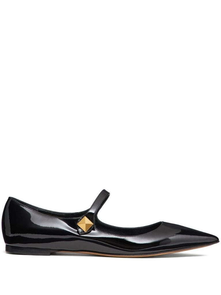 Black Patent Leather Roman Stud Flat Mary Jane Pumps