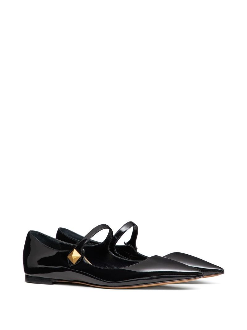 Black Patent Leather Roman Stud Flat Mary Jane Pumps
