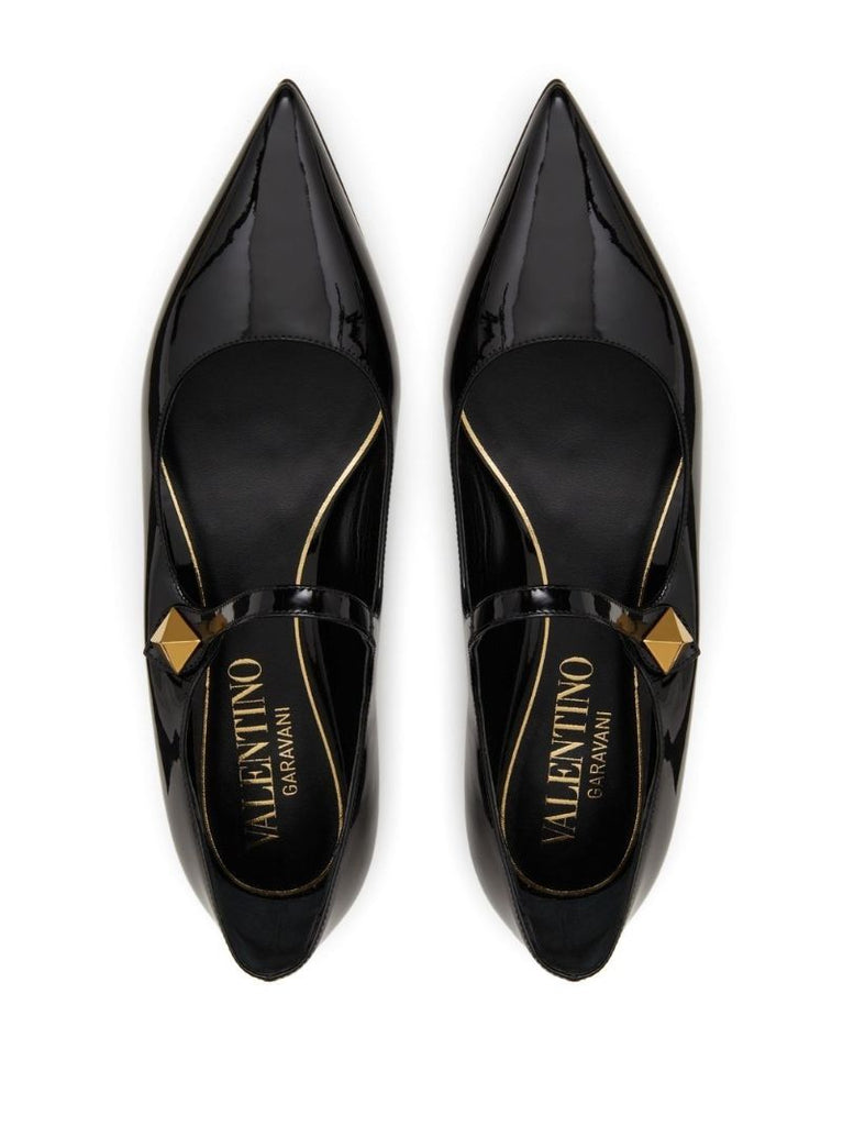 Black Patent Leather Roman Stud Flat Mary Jane Pumps