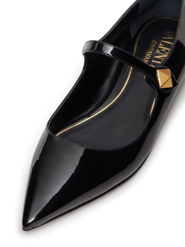 Black Patent Leather Roman Stud Flat Mary Jane Pumps