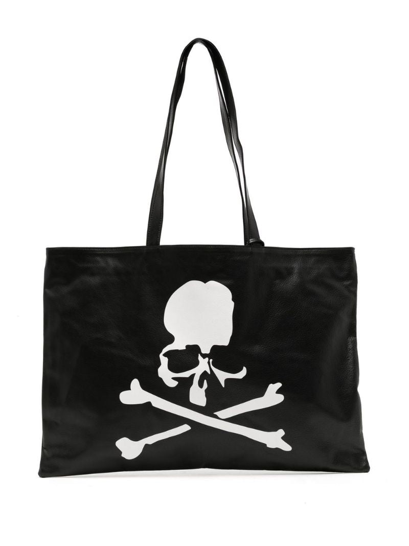 Black Skull Print Leather Tote Bag