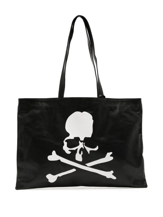 Black Skull Print Leather Tote Bag