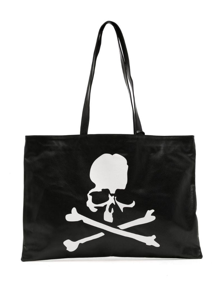 Black Skull Print Leather Tote Bag