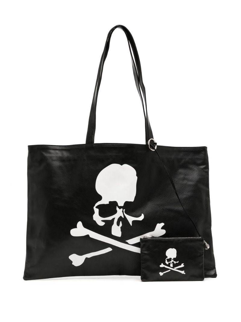 Black Skull Print Leather Tote Bag
