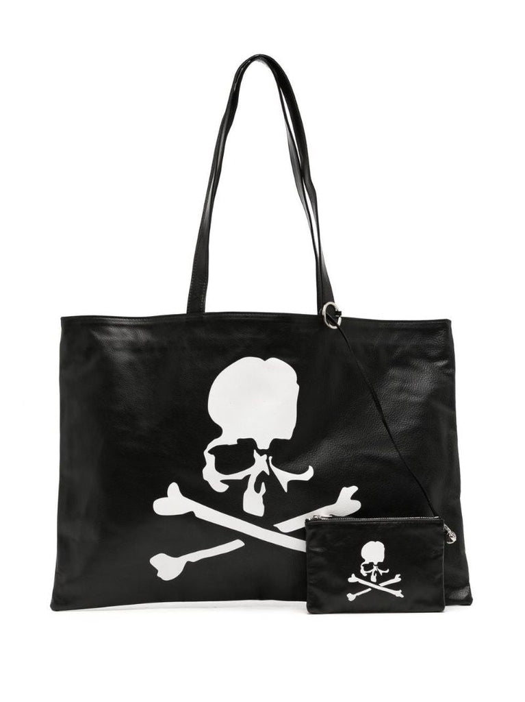 Black Skull Print Leather Tote Bag