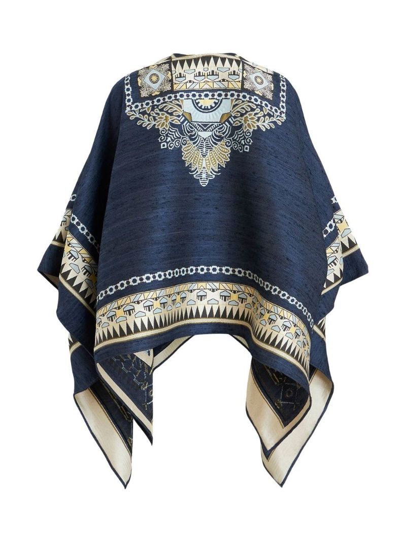 Blue Geometric Print Denim Cape