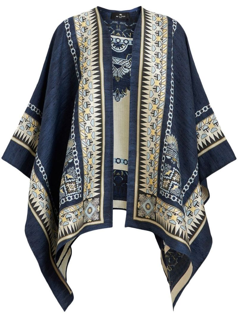 Blue Geometric Print Denim Cape
