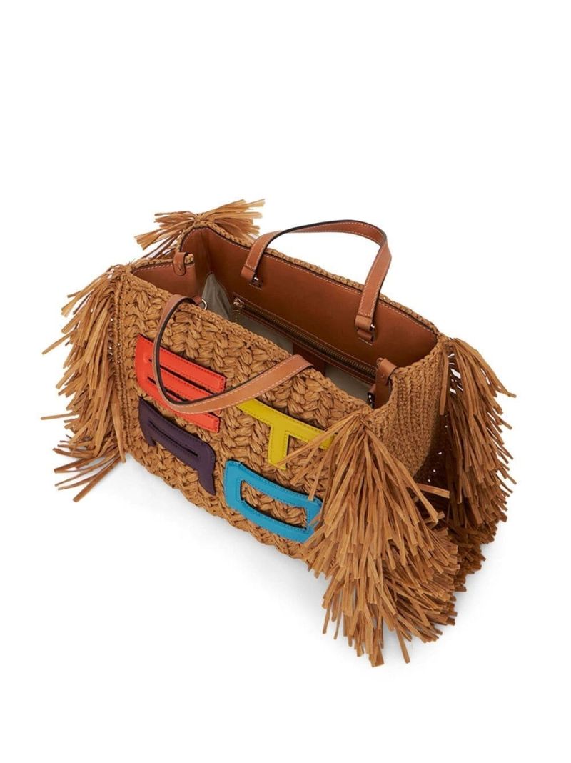 Brown Embroidered Logo Woven Top Handle Bag