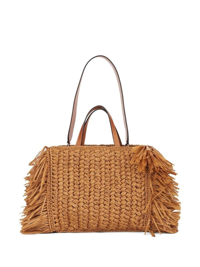 Brown Embroidered Logo Woven Top Handle Bag