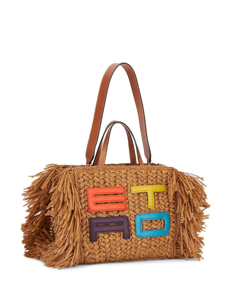 Brown Embroidered Logo Woven Top Handle Bag