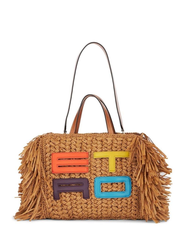 Brown Embroidered Logo Woven Top Handle Bag