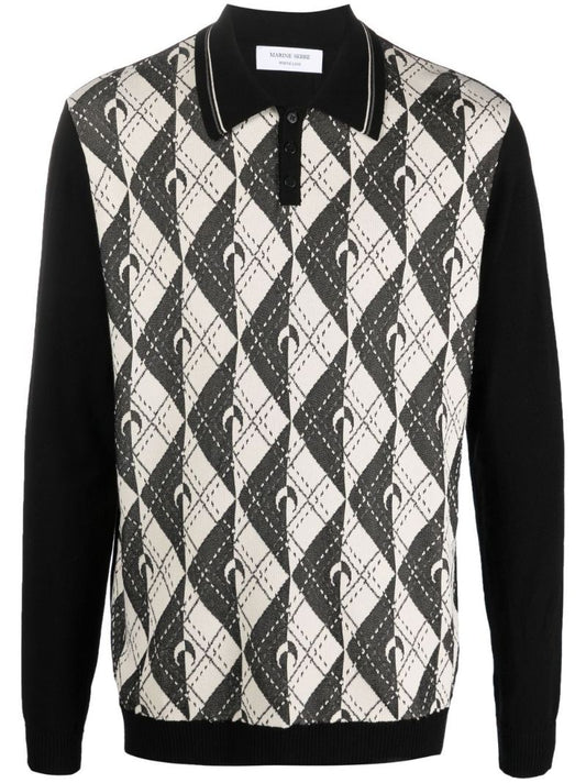 Black Royal Moon Carreaux Knit Polo Shirt