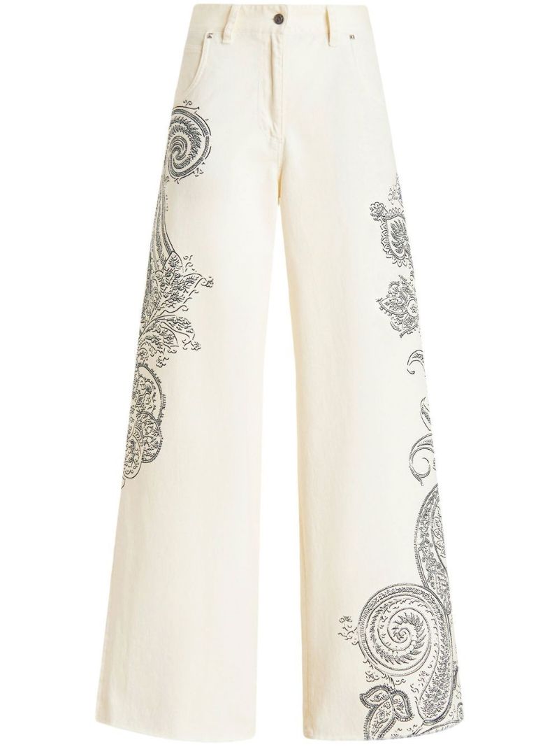 White Paisley Print Wide-leg Jeans