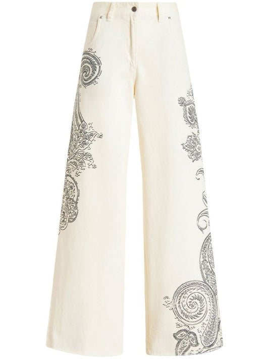 White Paisley Print Wide-leg Jeans