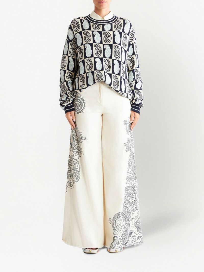 White Paisley Print Wide-leg Jeans