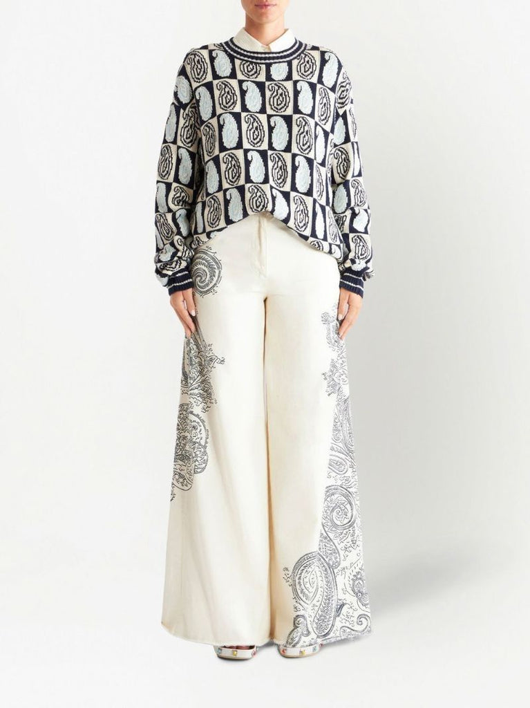 White Paisley Print Wide-leg Jeans