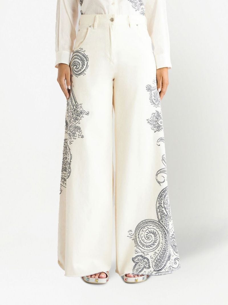 White Paisley Print Wide-leg Jeans