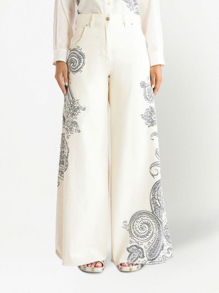 White Paisley Print Wide-leg Jeans