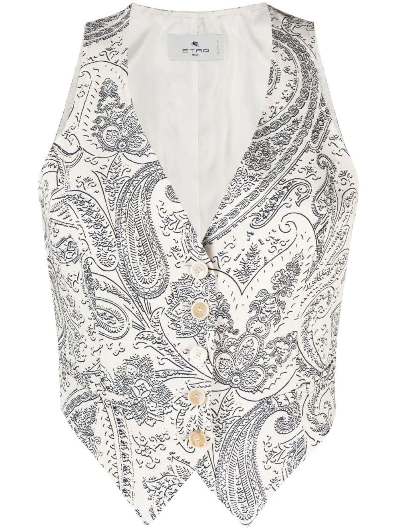 White Paisley Print Buttoned Waistcoat