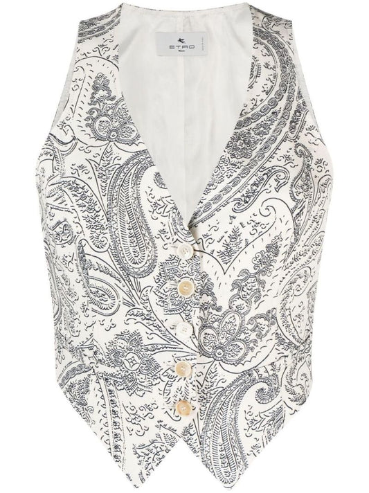 White Paisley Print Buttoned Waistcoat
