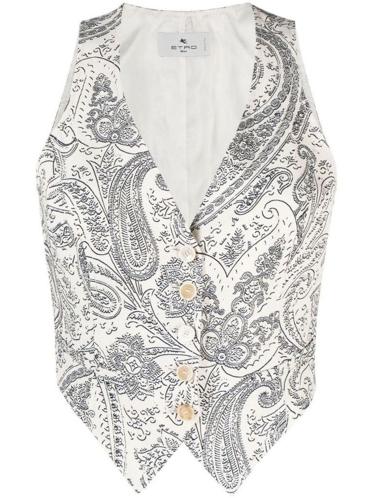 White Paisley Print Buttoned Waistcoat