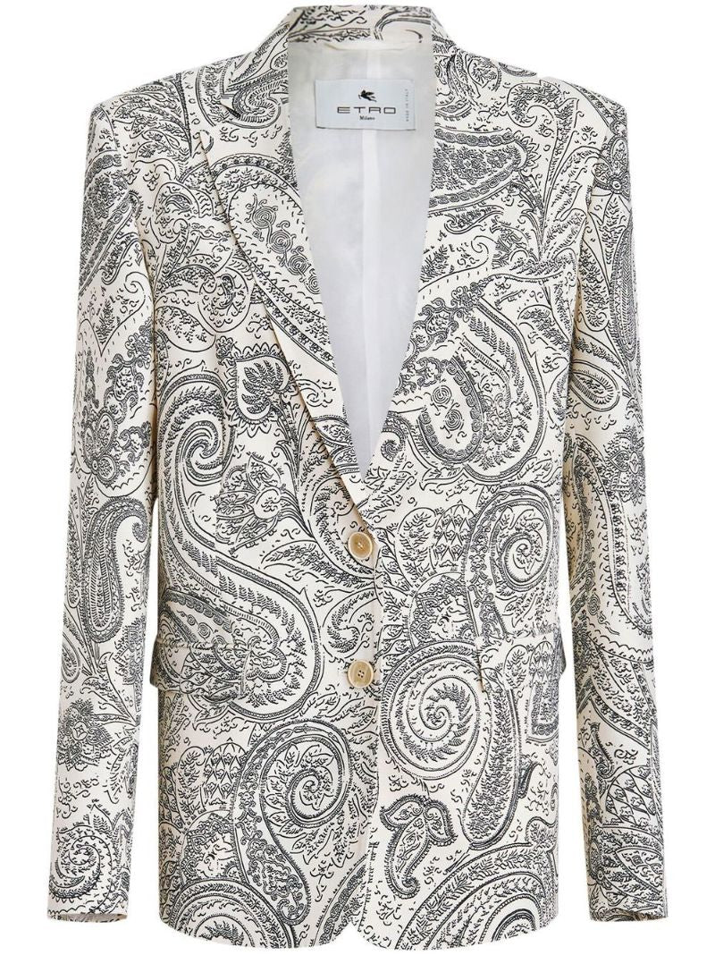 White Paisley Print Single-breasted Blazer