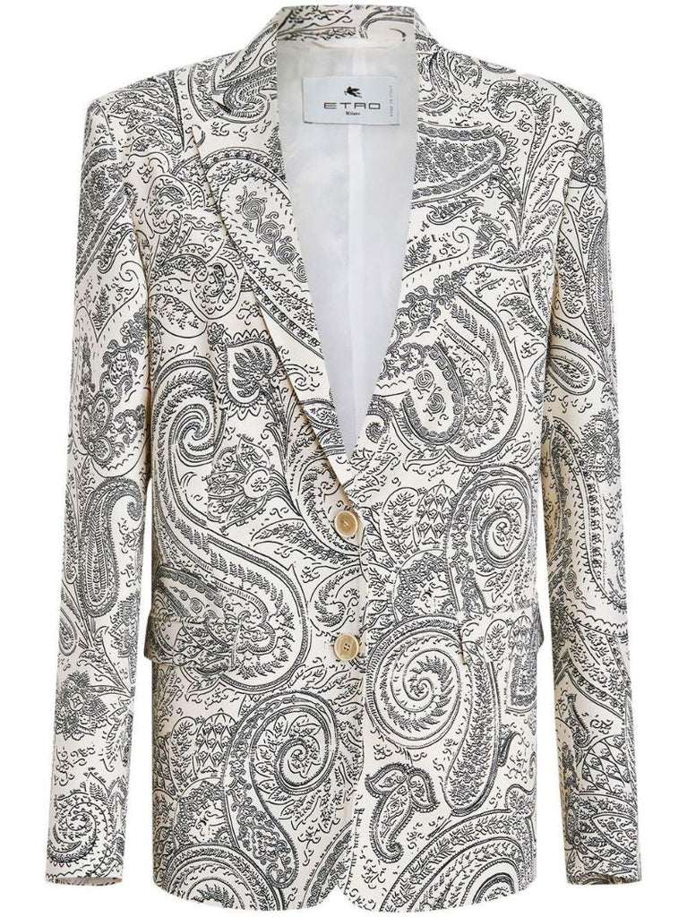 White Paisley Print Single-breasted Blazer