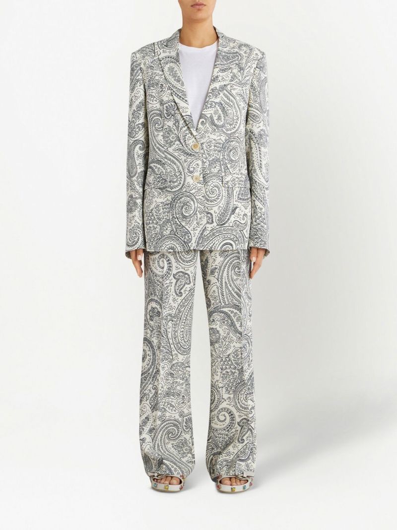 White Paisley Print Single-breasted Blazer