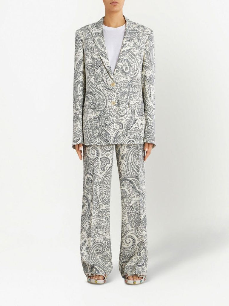 White Paisley Print Single-breasted Blazer
