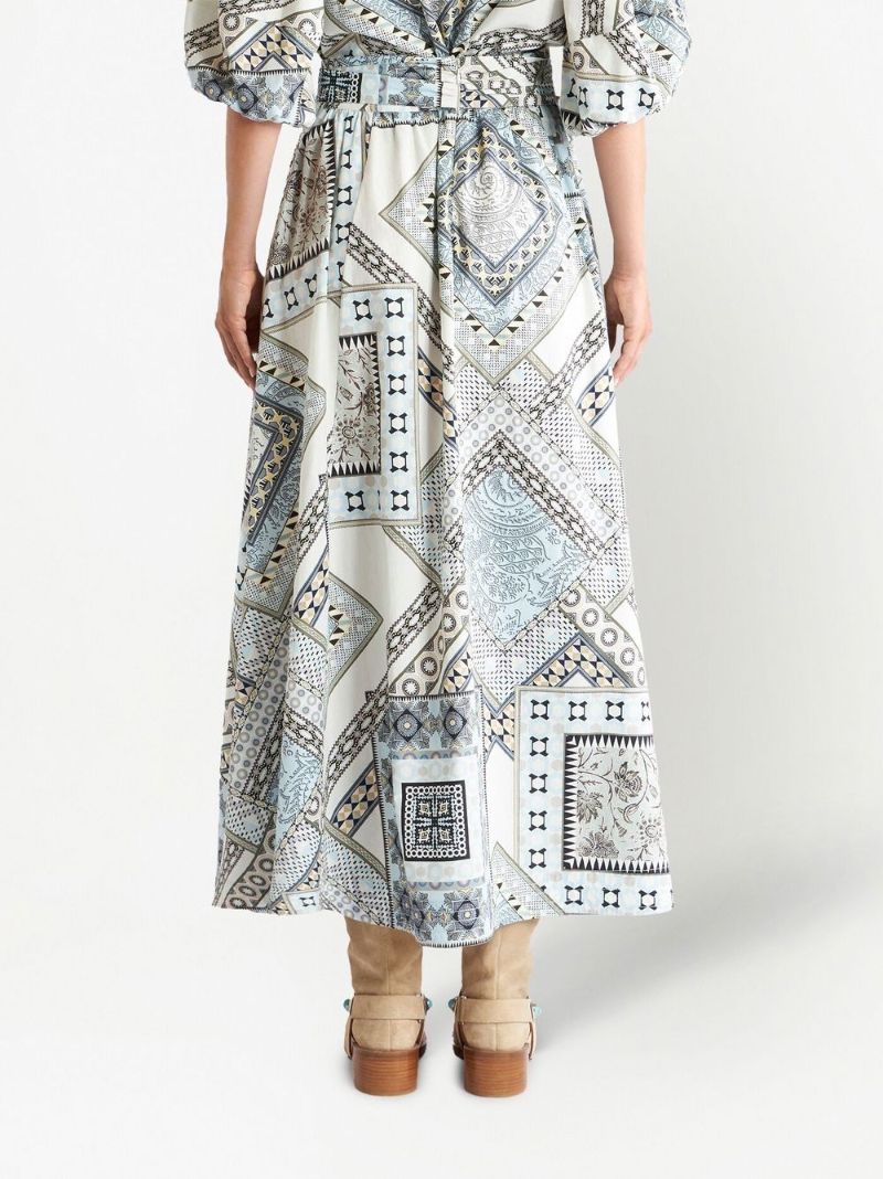 White Geometric Patchwork Print Midi Skirt
