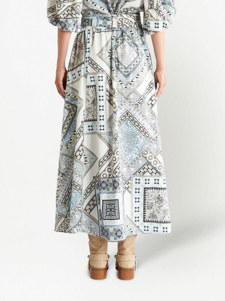 White Geometric Patchwork Print Midi Skirt