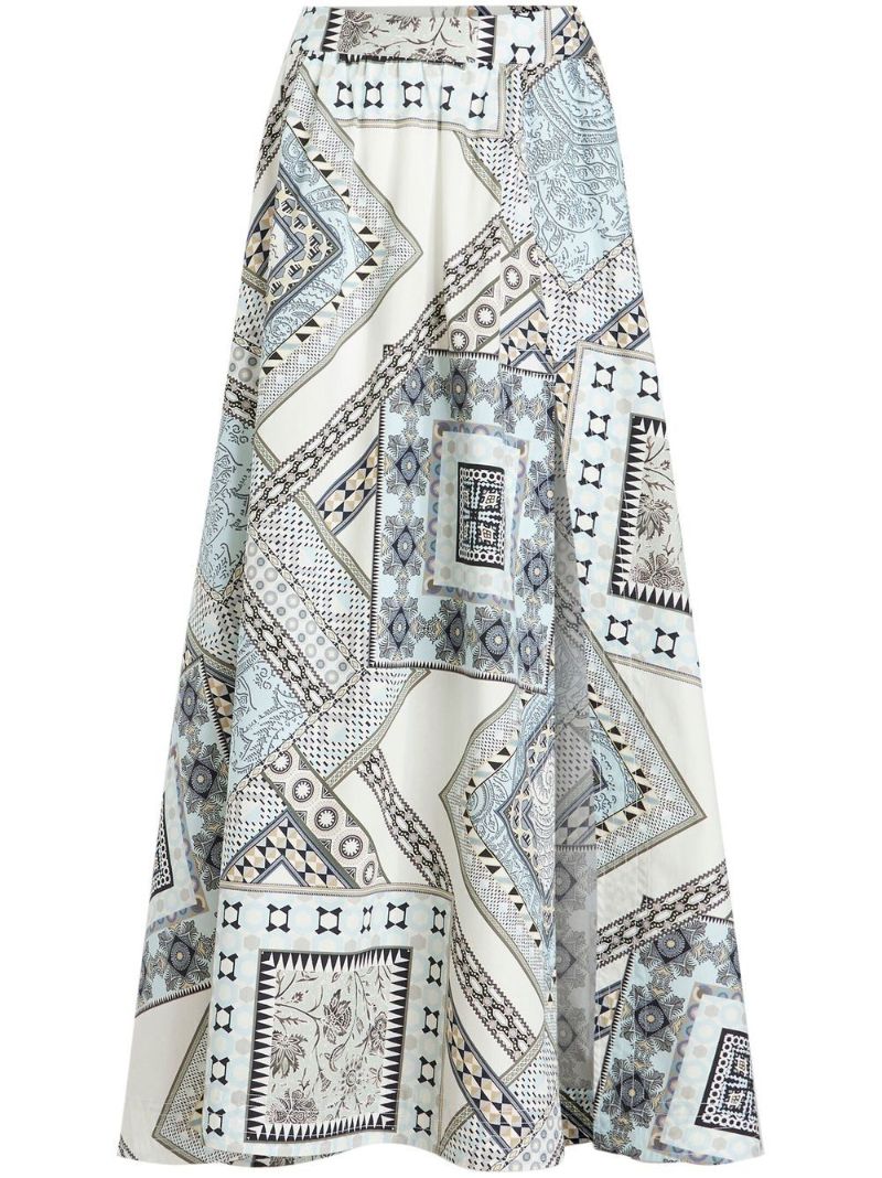 White Geometric Patchwork Print Midi Skirt
