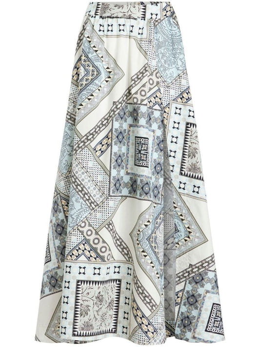 White Geometric Patchwork Print Midi Skirt