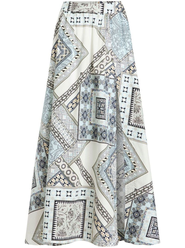 White Geometric Patchwork Print Midi Skirt