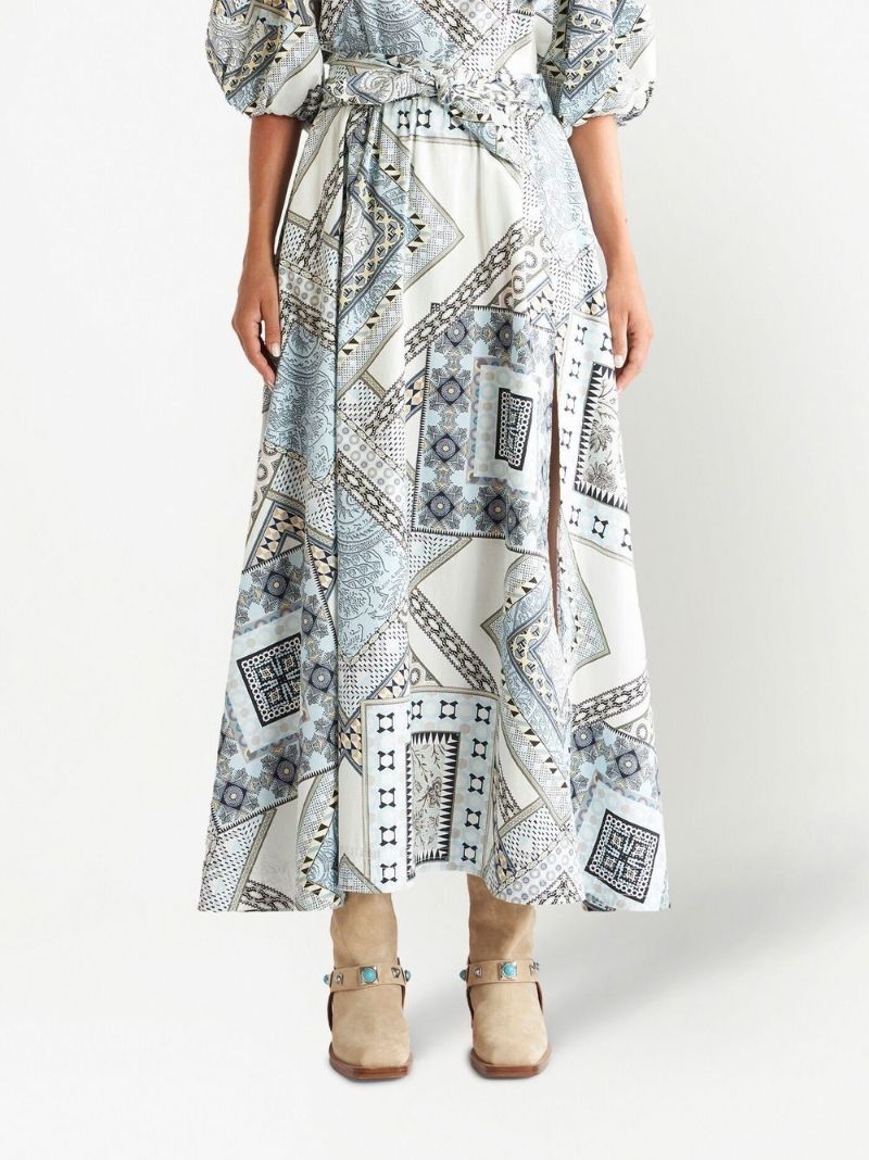 White Geometric Patchwork Print Midi Skirt