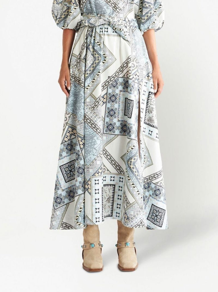 White Geometric Patchwork Print Midi Skirt