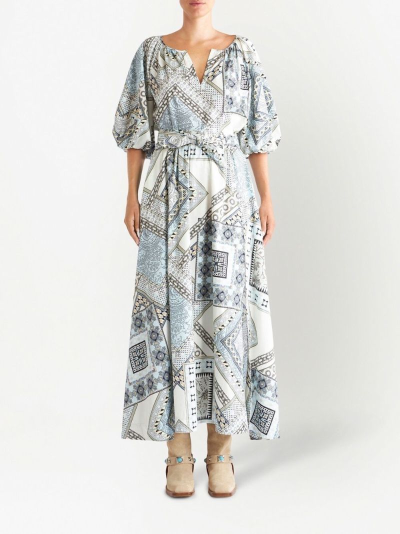 White Geometric Patchwork Print Midi Skirt