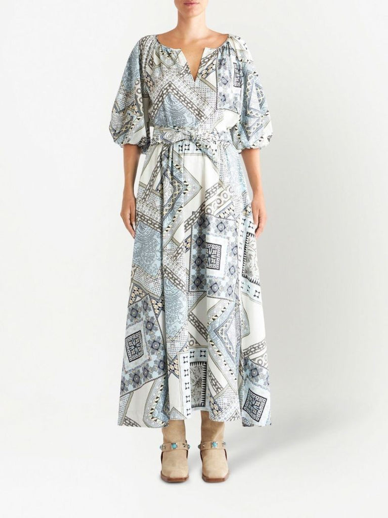 White Geometric Patchwork Print Midi Skirt