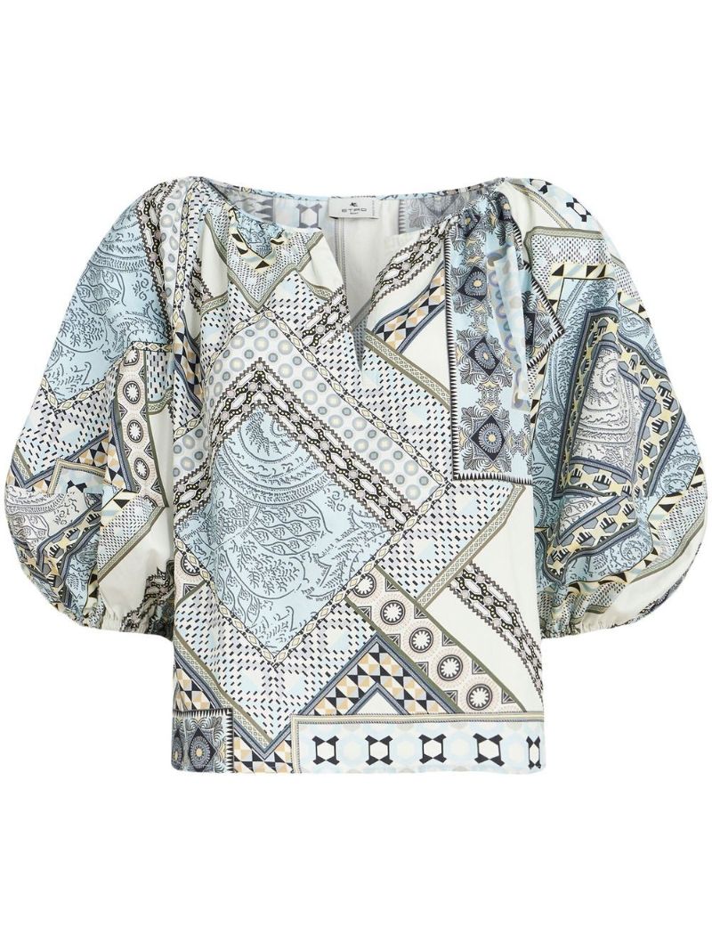 Blue Geometric Patchwork Print Top