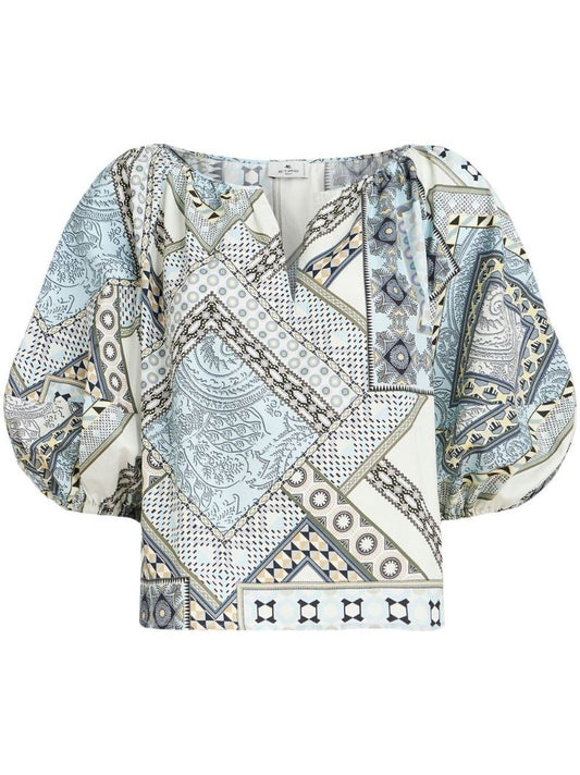 Blue Geometric Patchwork Print Top