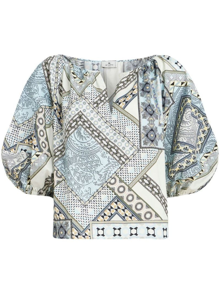 Blue Geometric Patchwork Print Top