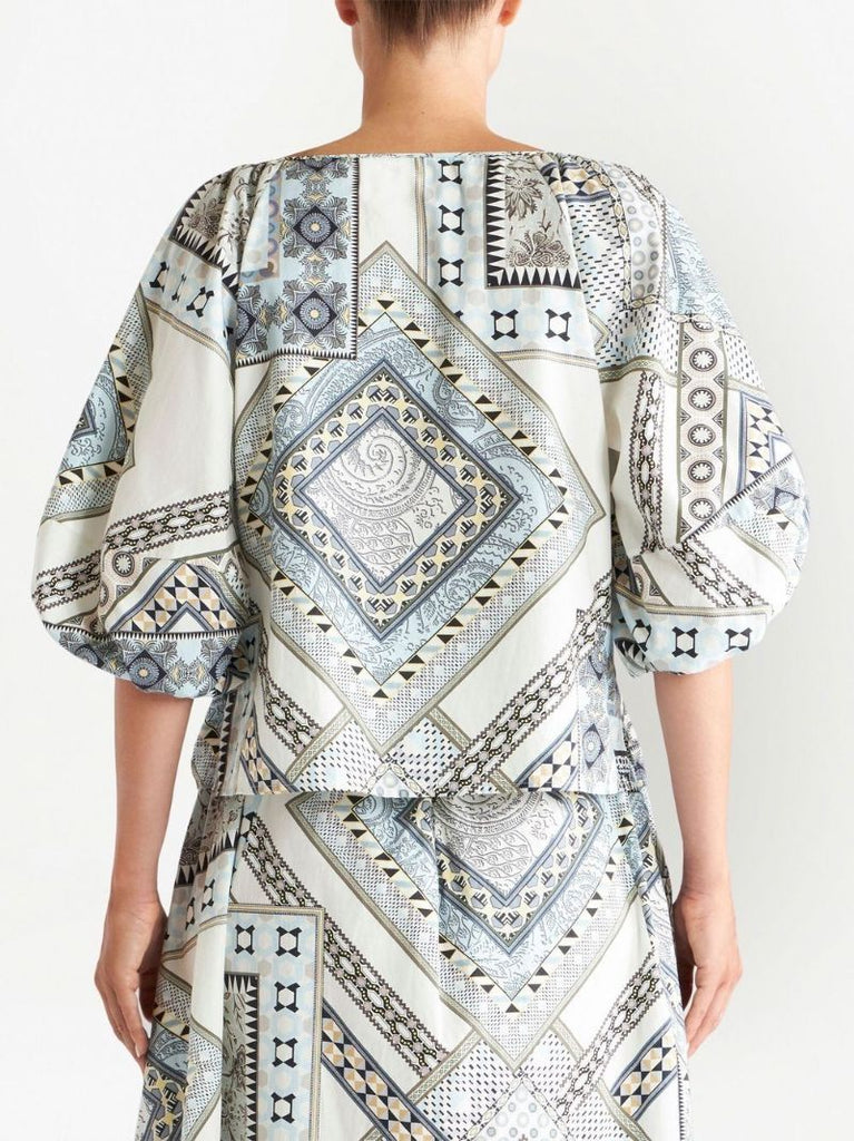 Blue Geometric Patchwork Print Top
