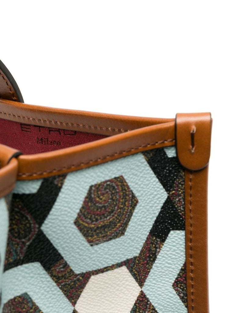 Blue Geometric Print Leather Tote Bag