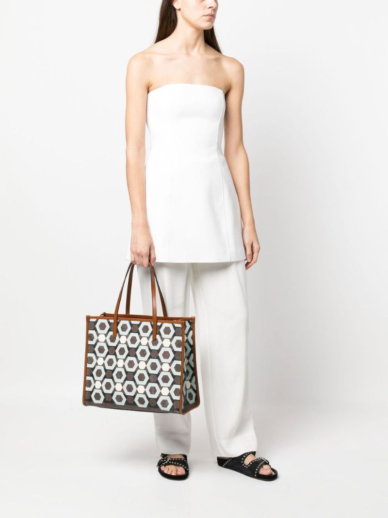 Blue Geometric Print Leather Tote Bag