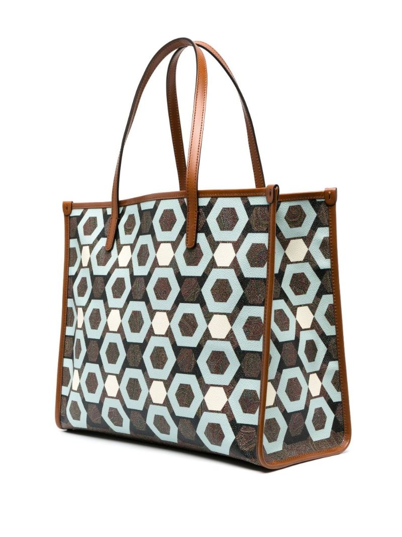 Blue Geometric Print Leather Tote Bag