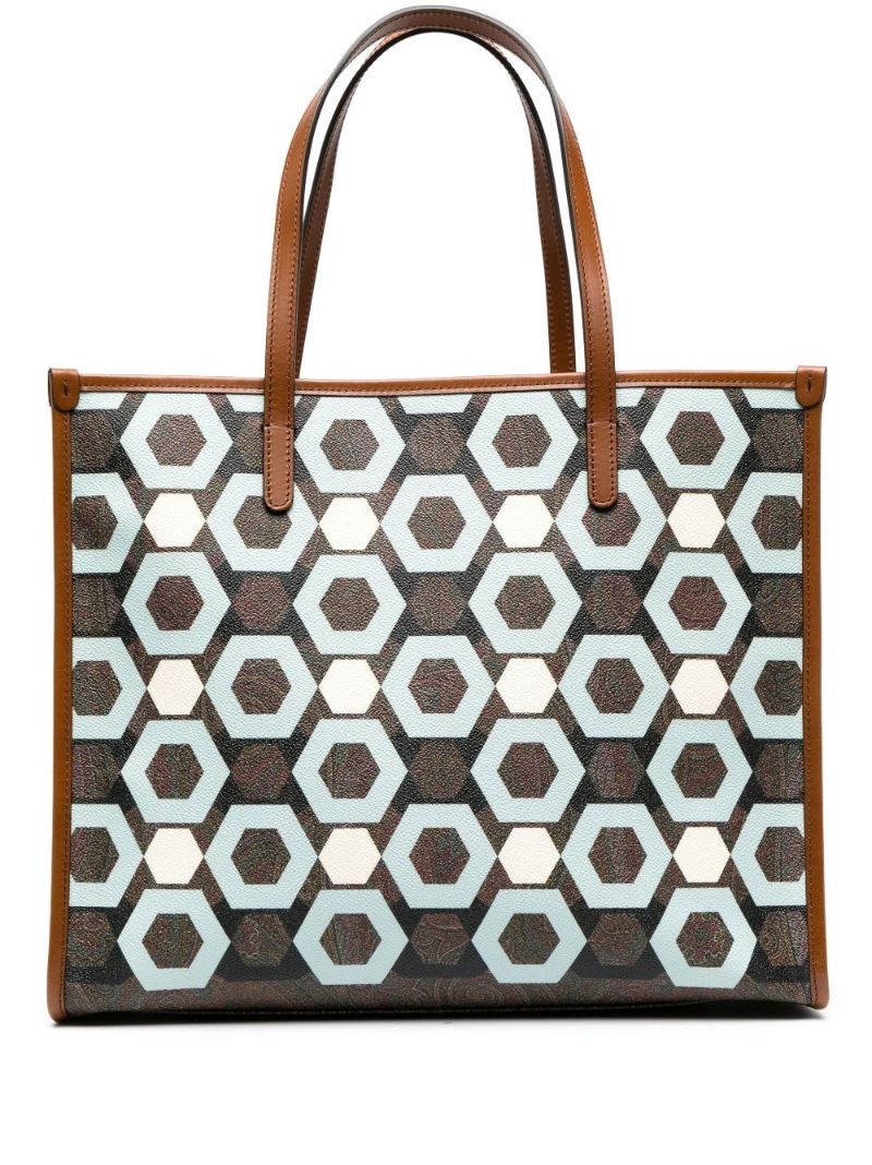Blue Geometric Print Leather Tote Bag