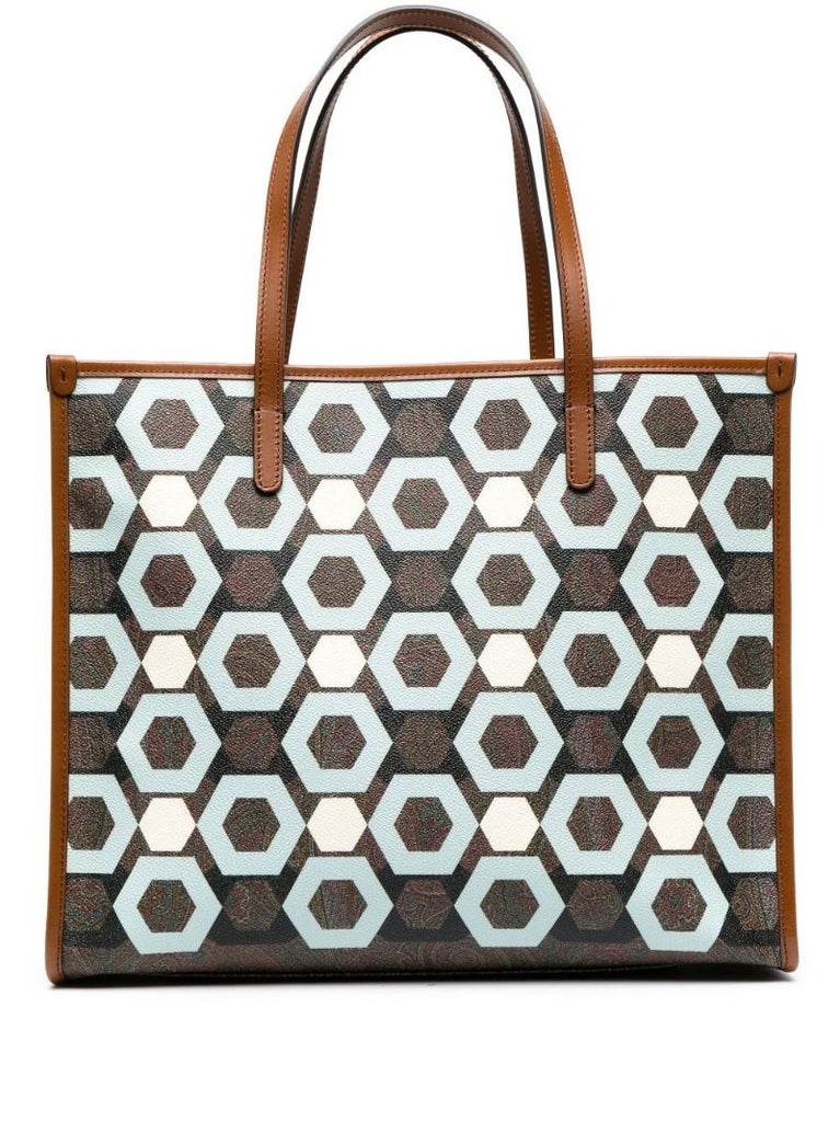 Blue Geometric Print Leather Tote Bag