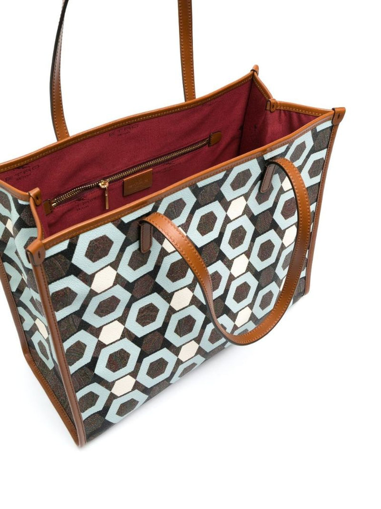Blue Geometric Print Leather Tote Bag